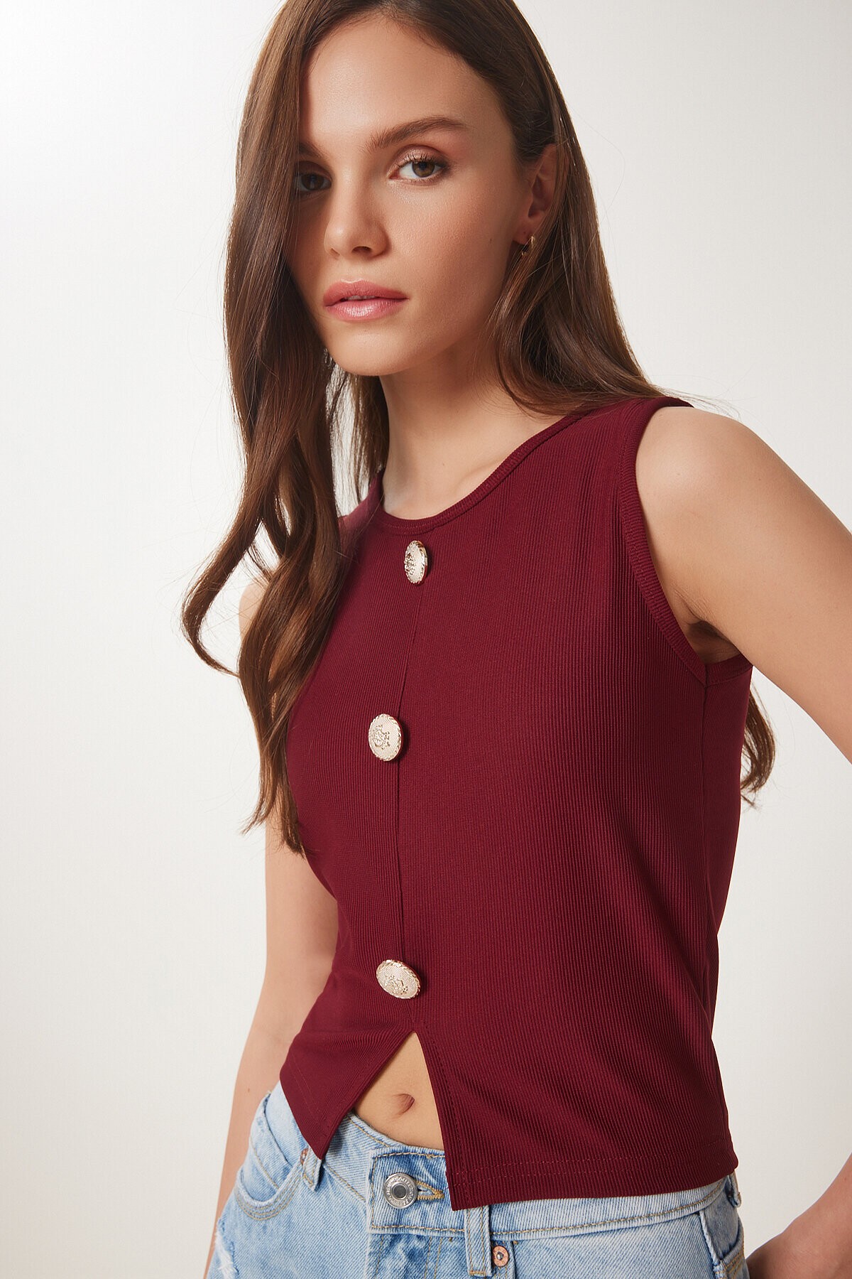 Şık Düğmeli Fitilli Örme Bluz BORDO LZV0008