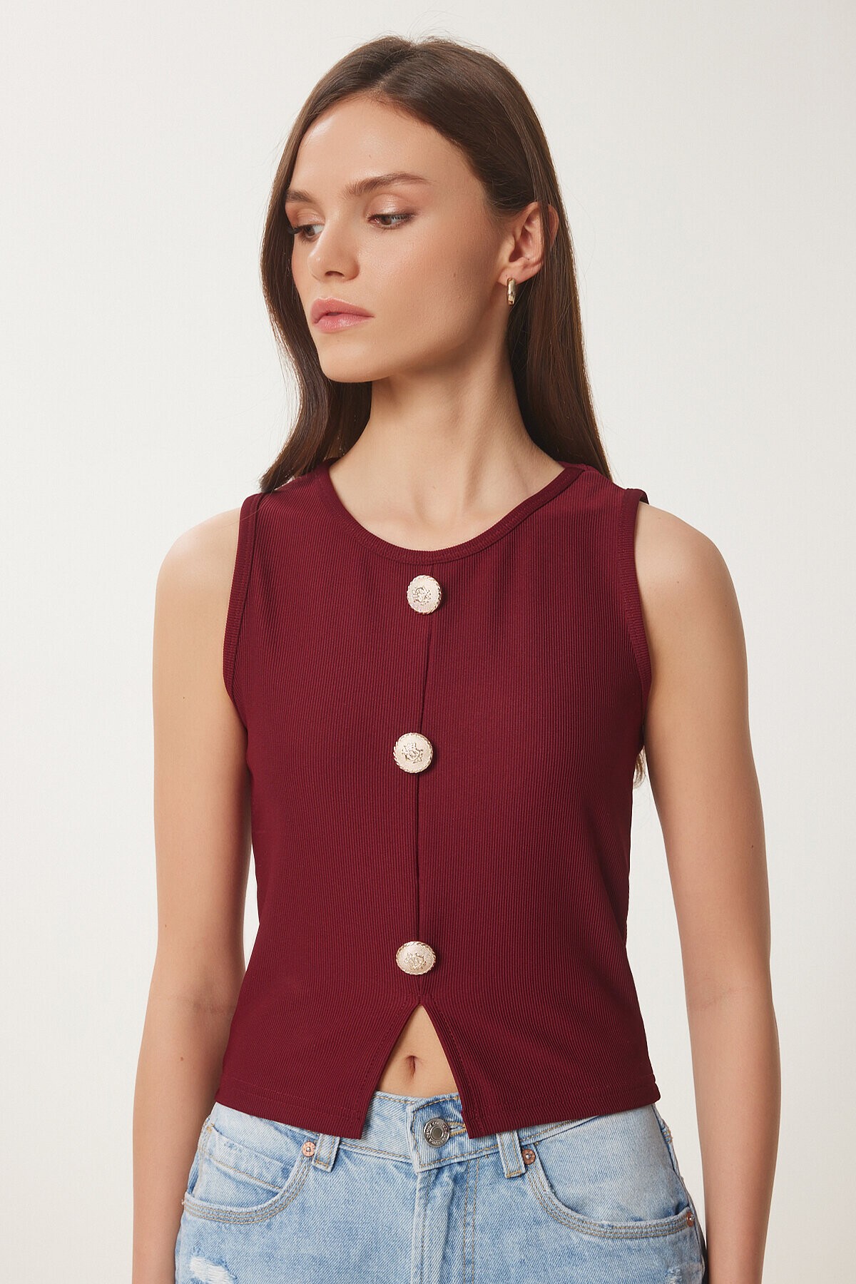 Şık Düğmeli Fitilli Örme Bluz BORDO LZV0008