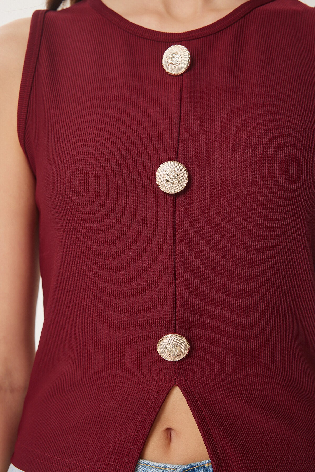 Şık Düğmeli Fitilli Örme Bluz BORDO LZV0008
