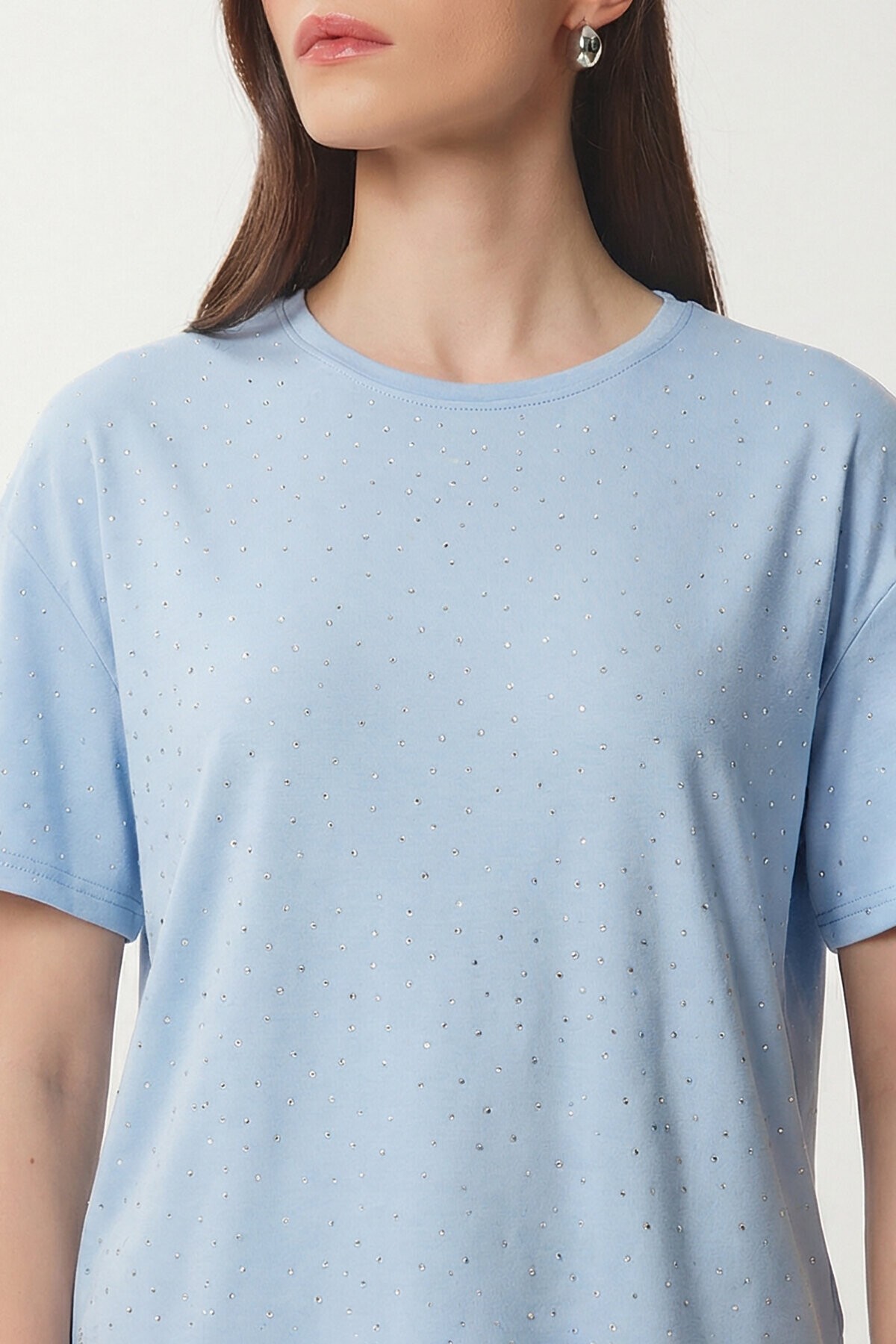 Taş Detaylı Örme T-shirt GÖK MAVİ LZV0059