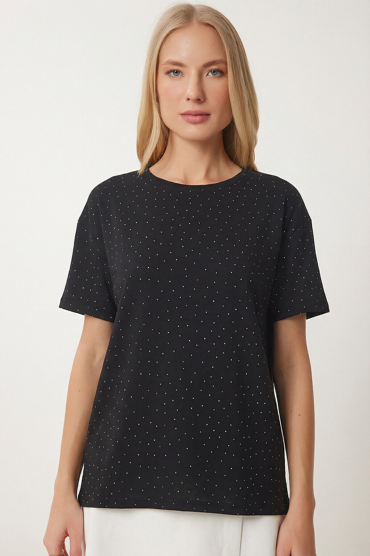 Taş Detaylı Örme T-shirt SİYAH LZV0059