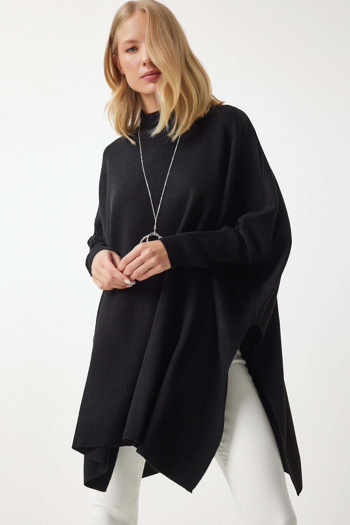 Yandan Yırtmaçlı Oversize Panço Kazak SİYAH LYY0016