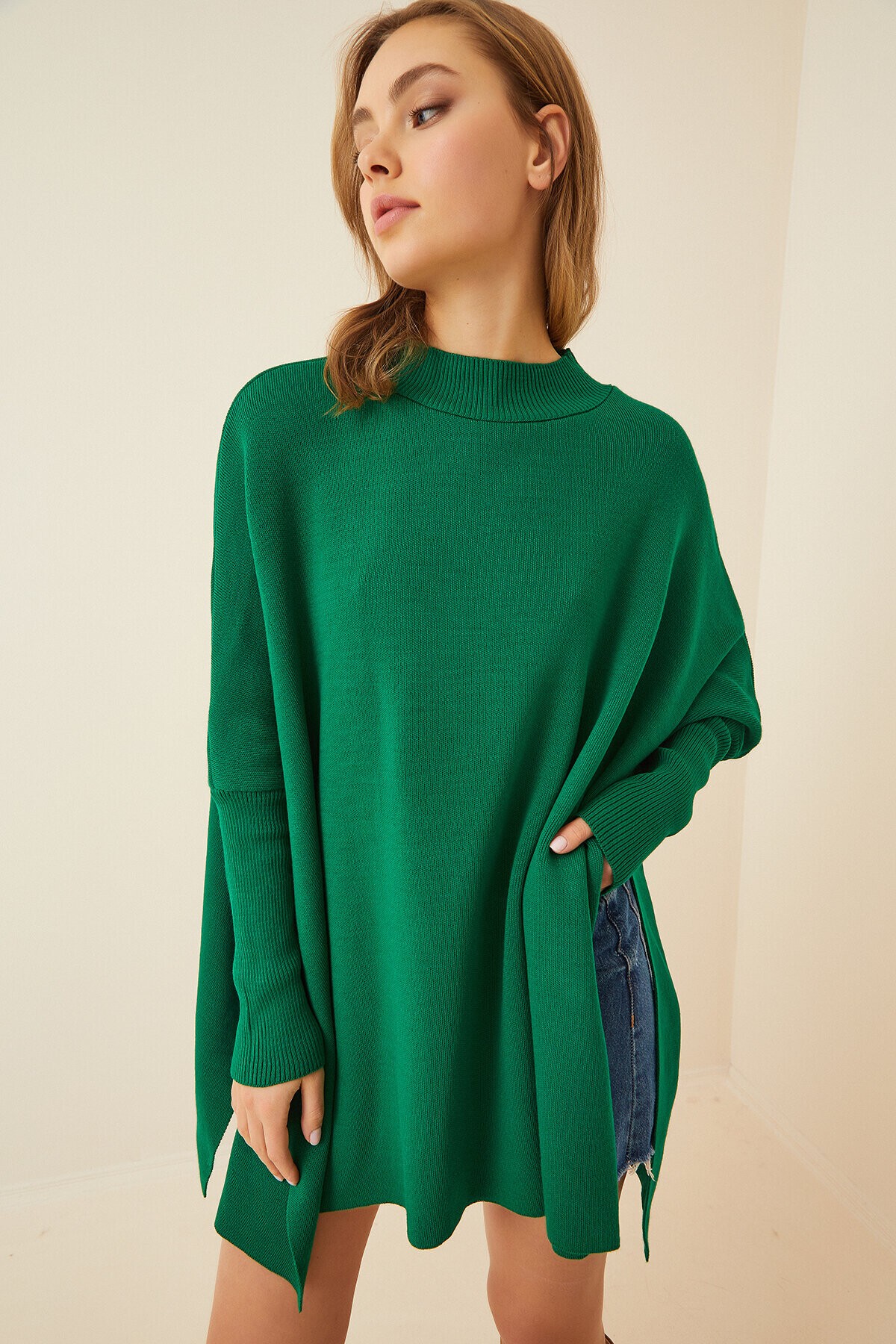 Yandan Yırtmaçlı Oversize Panço Kazak YEŞİL LYY0016