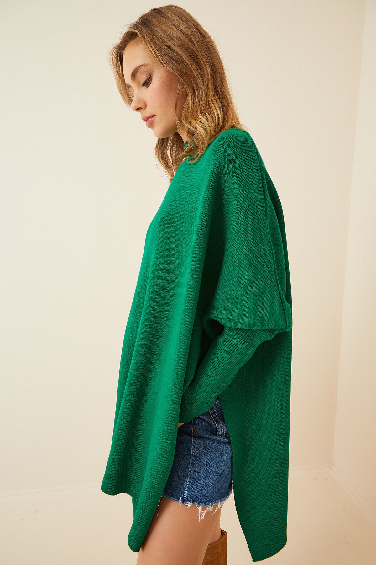 Yandan Yırtmaçlı Oversize Panço Kazak YEŞİL LYY0016
