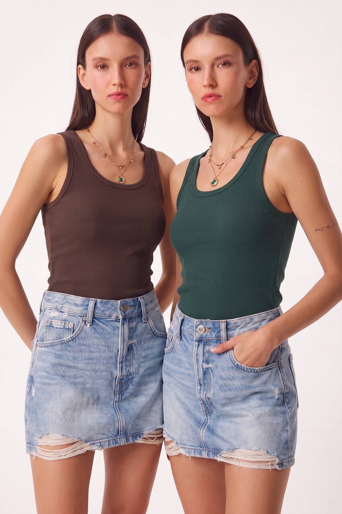 2li Fitilli Kalın Askılı Örme Atlet KOYU YEŞİL KAHVERENGİ LHJ0002