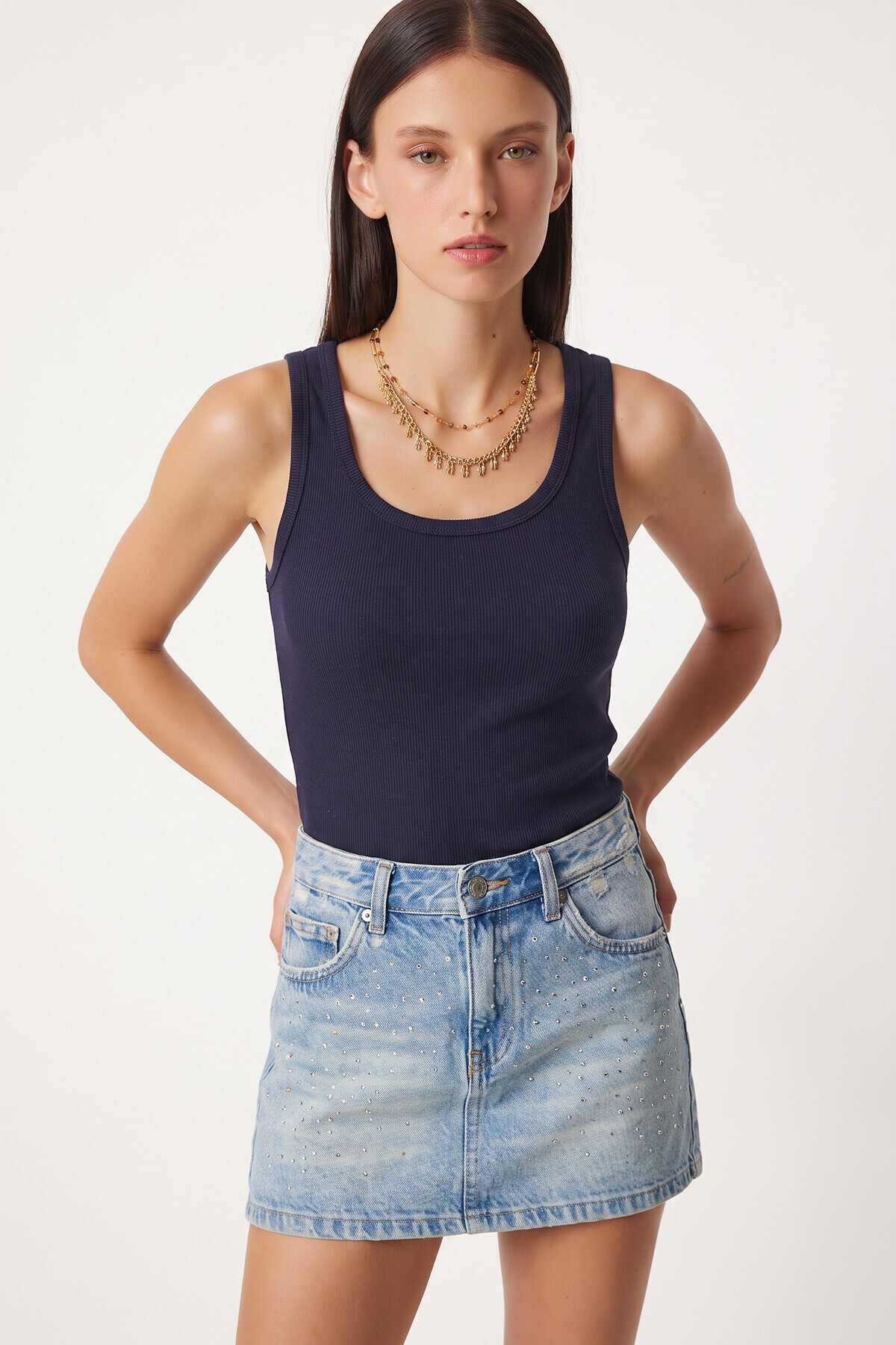 2li Fitilli Kalın Askılı Örme Atlet LACİVERT KİREMİT LHJ0002