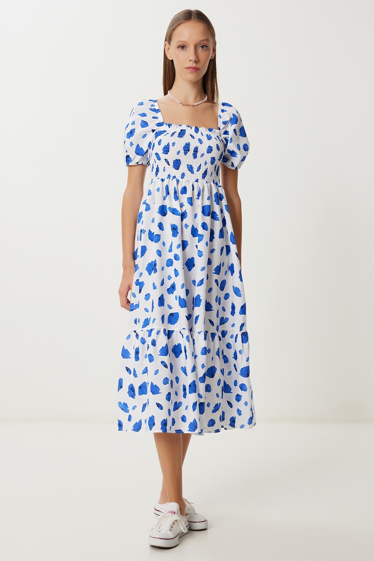 2’li Paket Balon Kollu Desenli Dokuma Elbise MAVİ BEYAZ KOYU MAVİ BEYAZ LFG0188