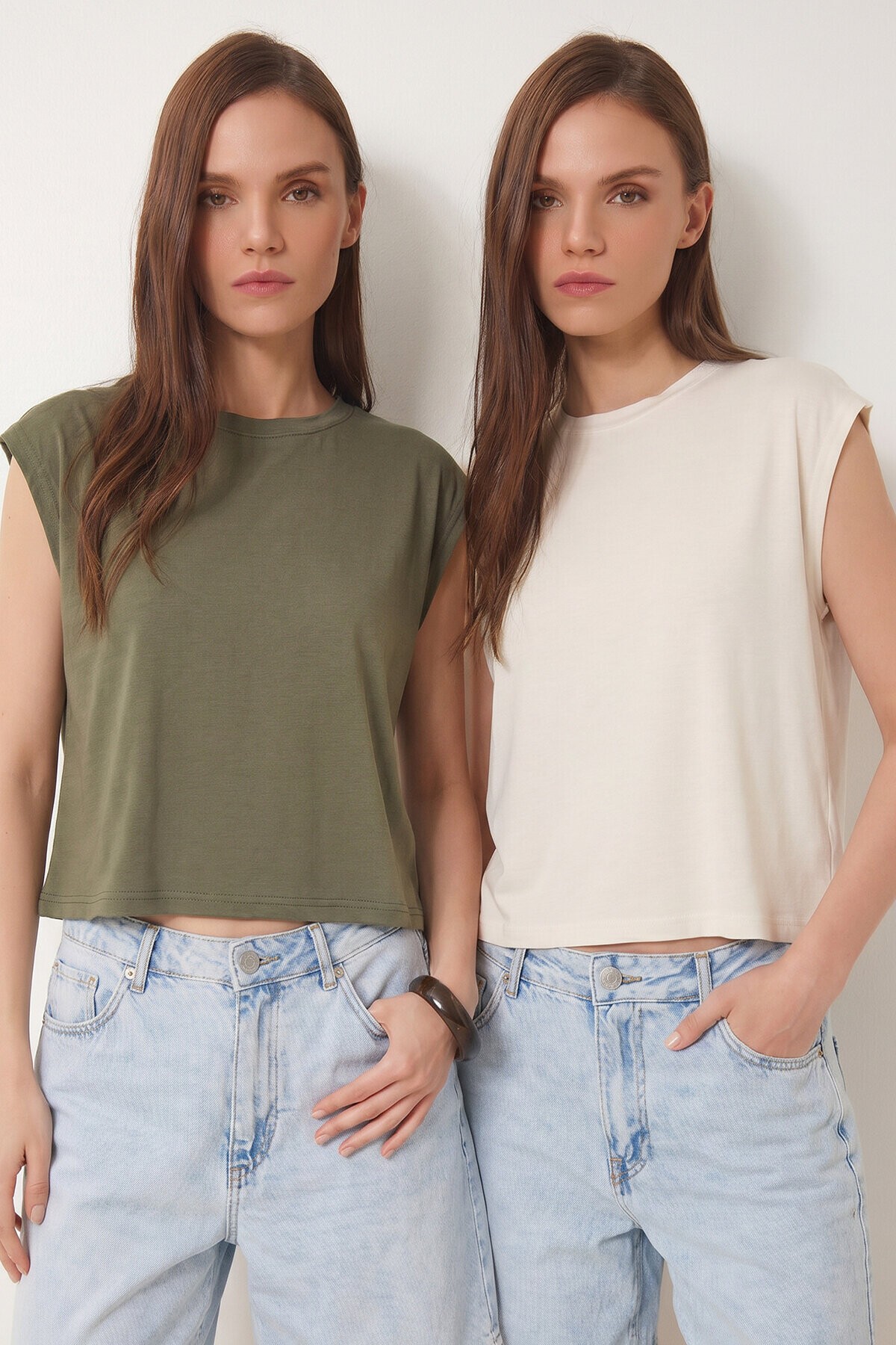 2’li Paket Basic Viskon T-shirt EKRU HAKİ LRN0043
