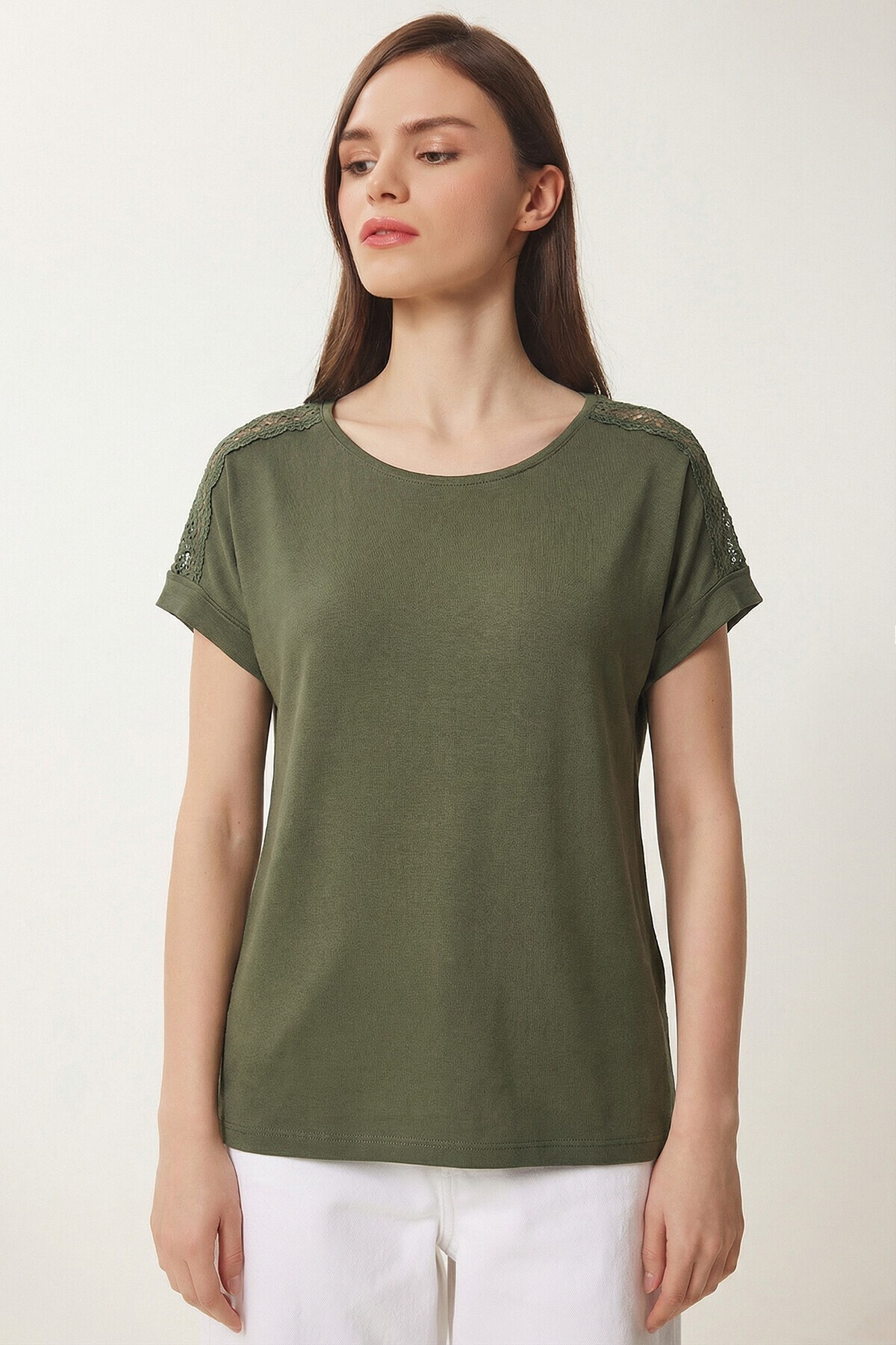 2’li Paket Güpür Detaylı Viskon T-shirt HAKİ EKRU LRN0067