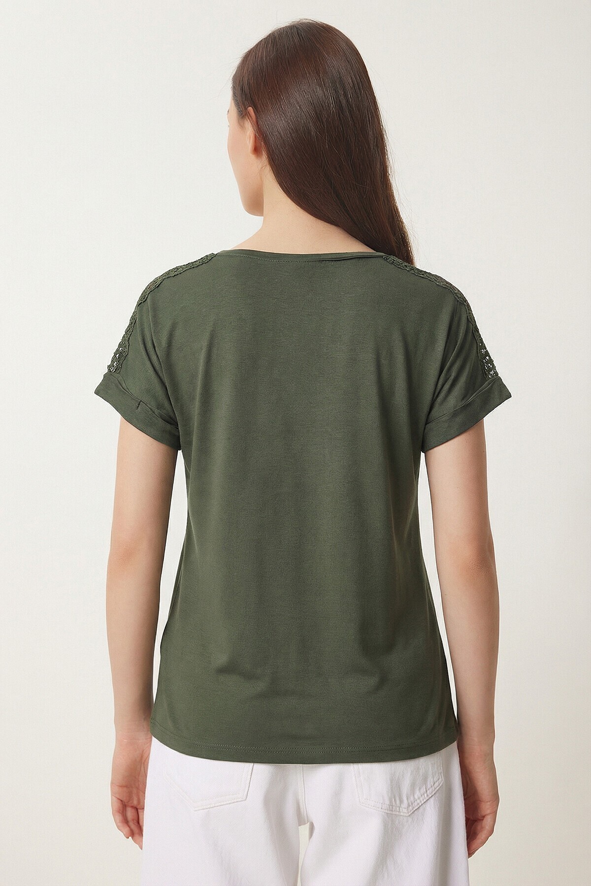 2’li Paket Güpür Detaylı Viskon T-shirt HAKİ EKRU LRN0067