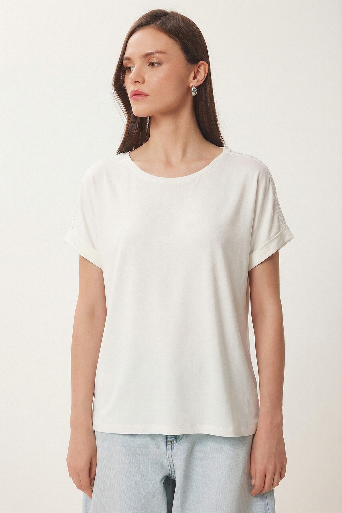 2’li Paket Güpür Detaylı Viskon T-shirt HAKİ EKRU LRN0067