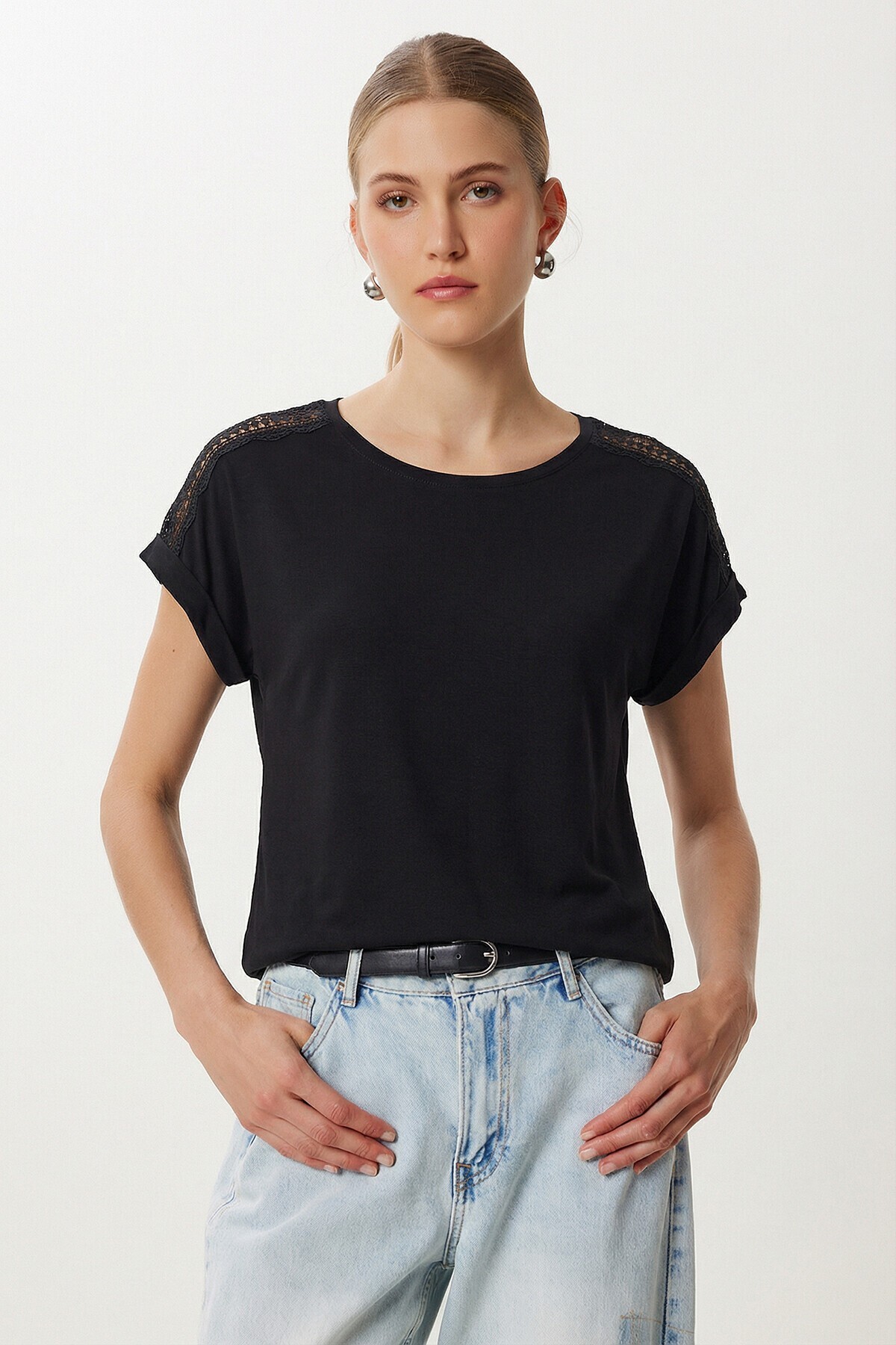 2’li Paket Güpür Detaylı Viskon T-shirt SİYAH PEMBE LRN0067