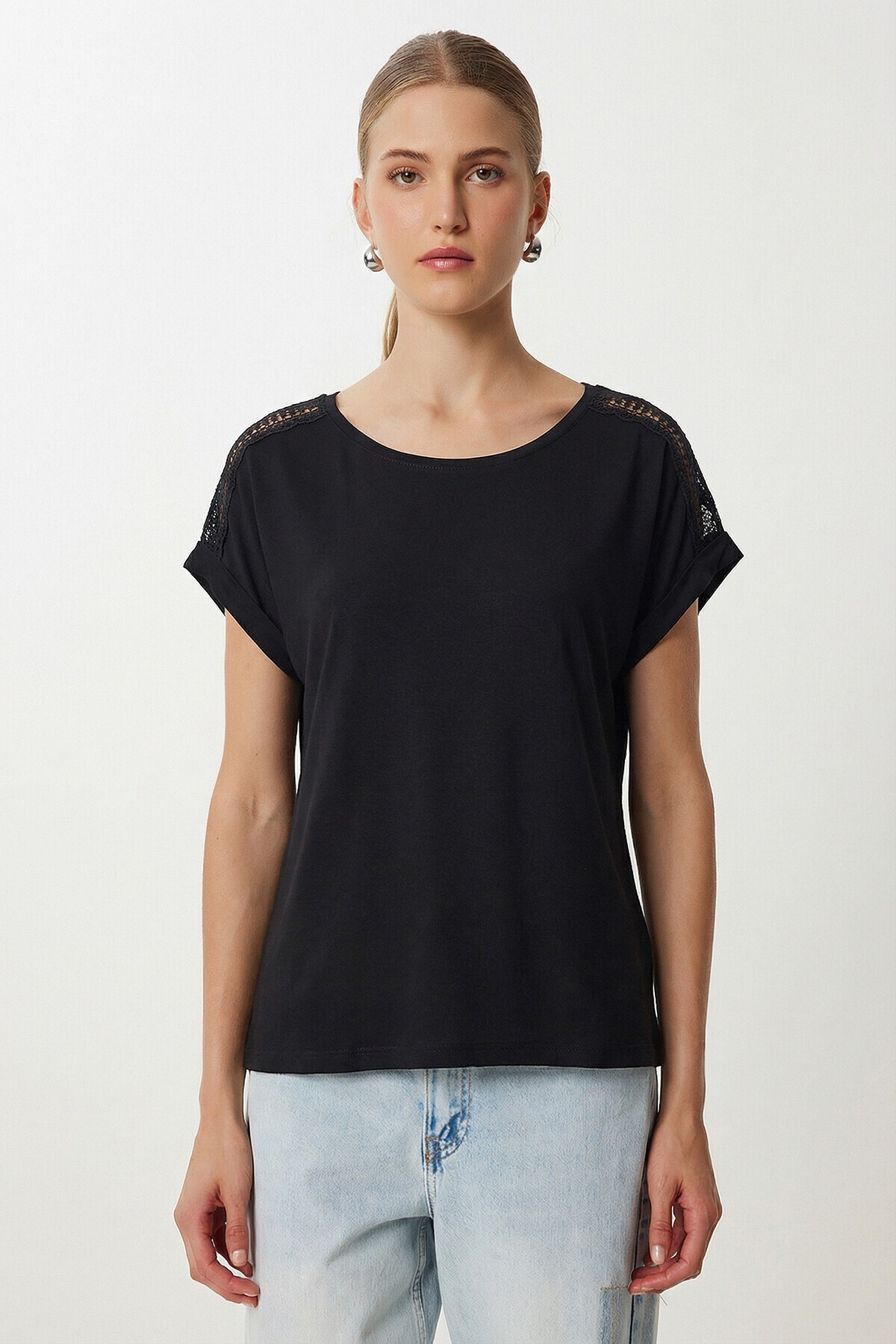 2’li Paket Güpür Detaylı Viskon T-shirt SİYAH PEMBE LRN0067