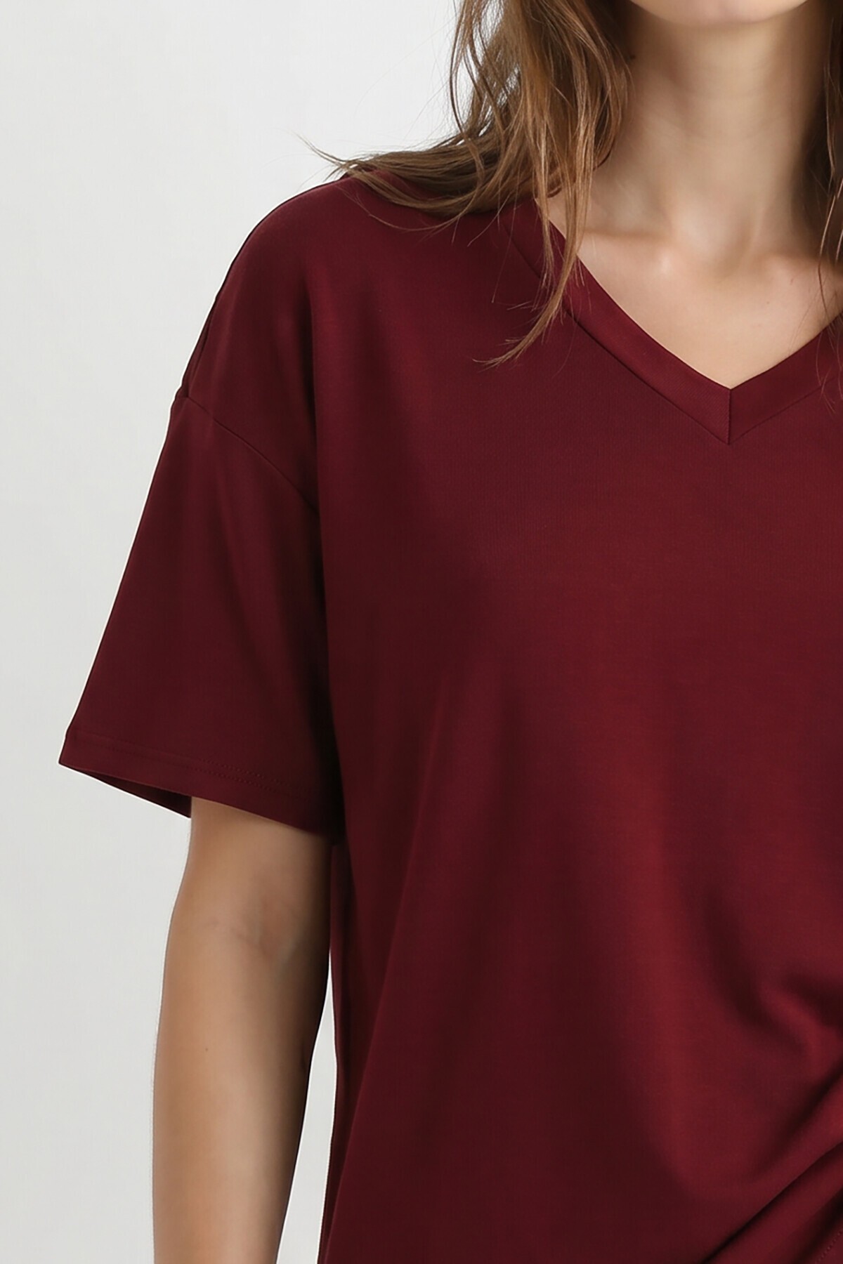 2’li Paket V Yaka Oversize Örme T-shirt LACİVERT BORDO LZV0085