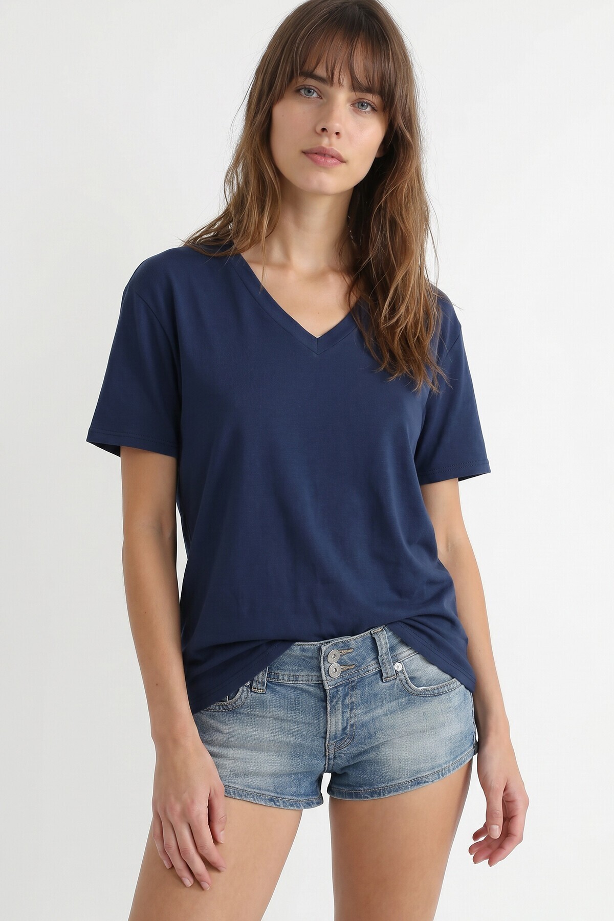 2’li Paket V Yaka Oversize Örme T-shirt LACİVERT BORDO LZV0085