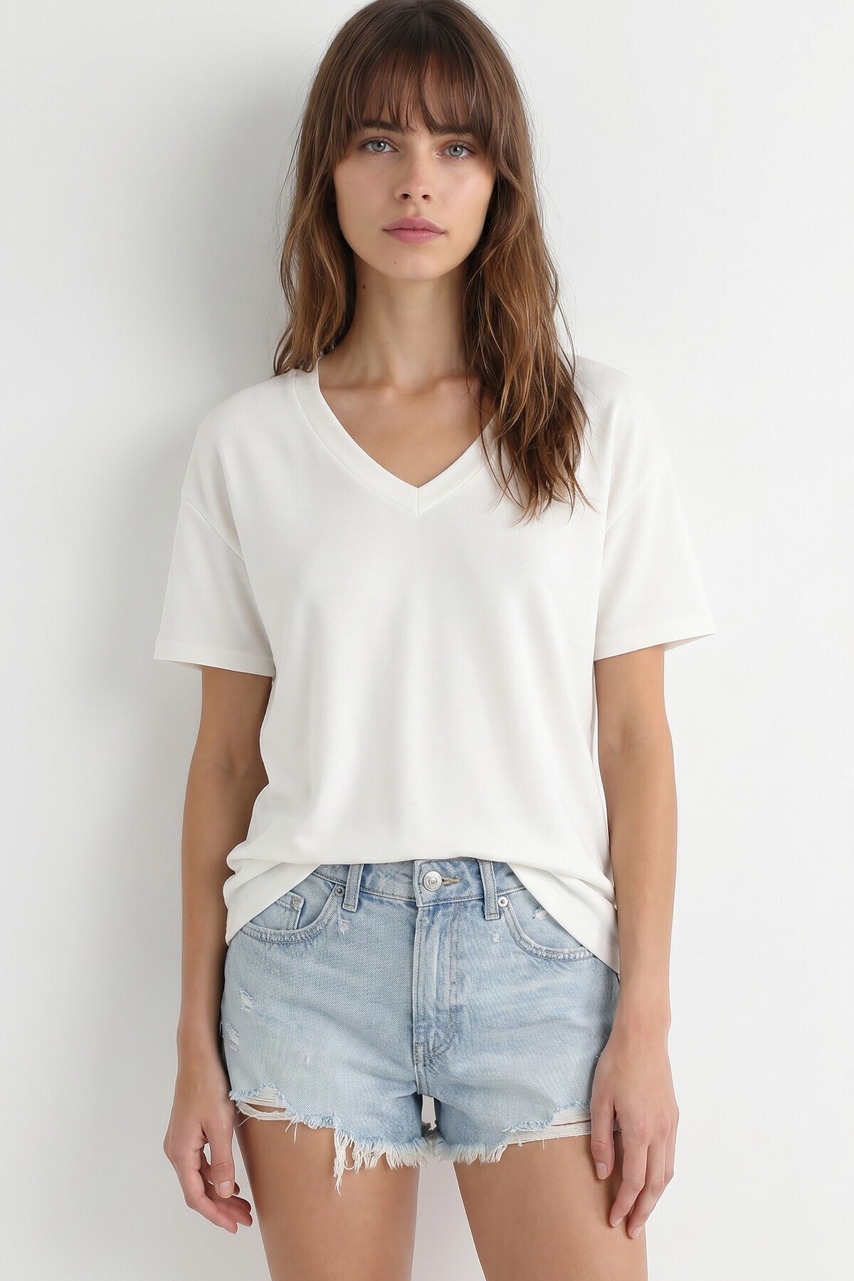 2’li Paket V Yaka Oversize Örme T-shirt SİYAH EKRU LZV0085