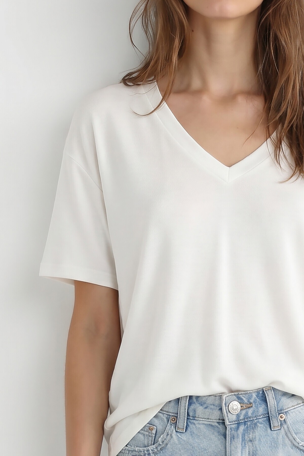 2’li Paket V Yaka Oversize Örme T-shirt SİYAH EKRU LZV0085