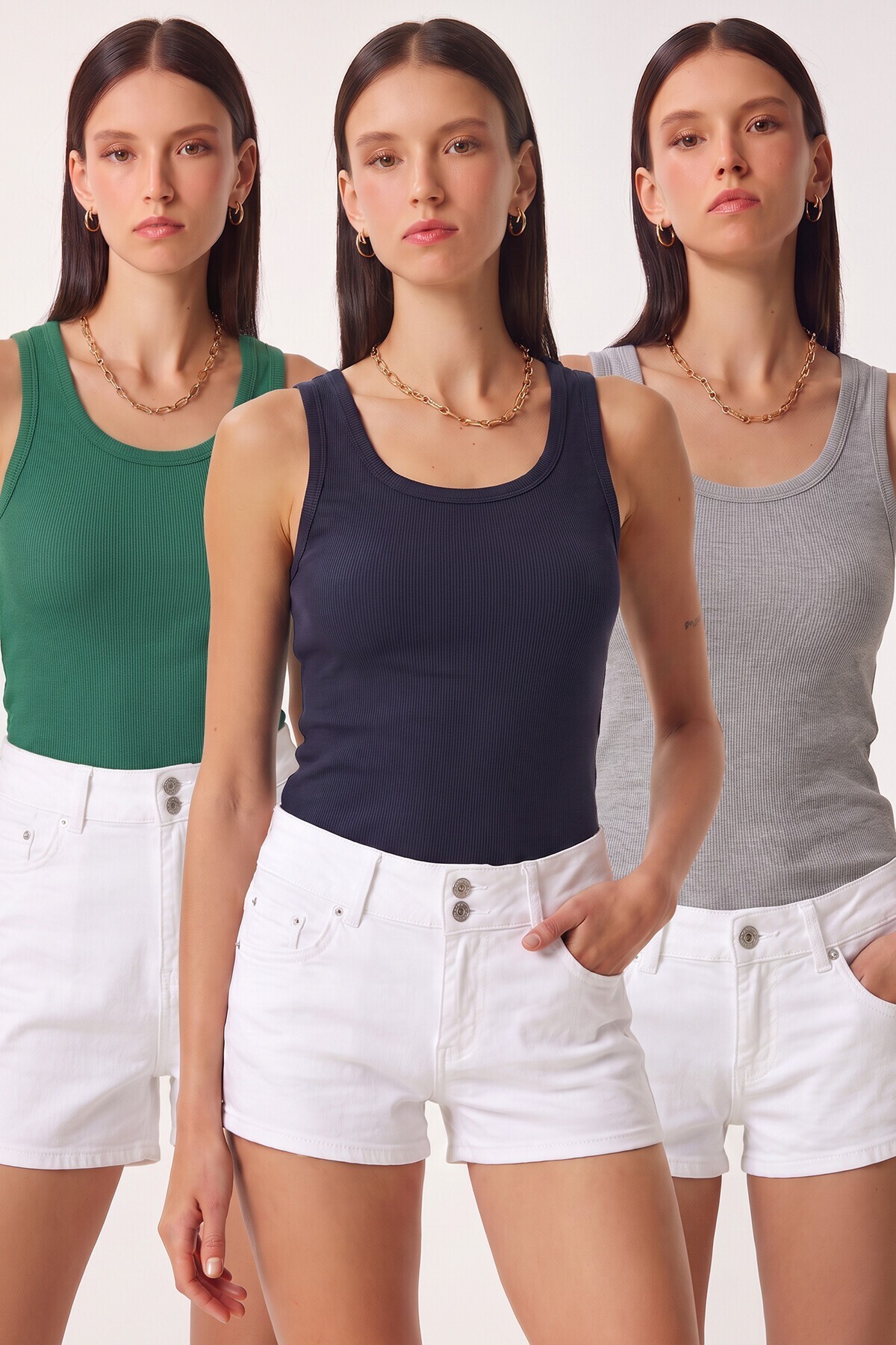 3lü Fitilli Kalın Askılı Örme Atlet GRİ YEŞİL LACİVERT LRN0060