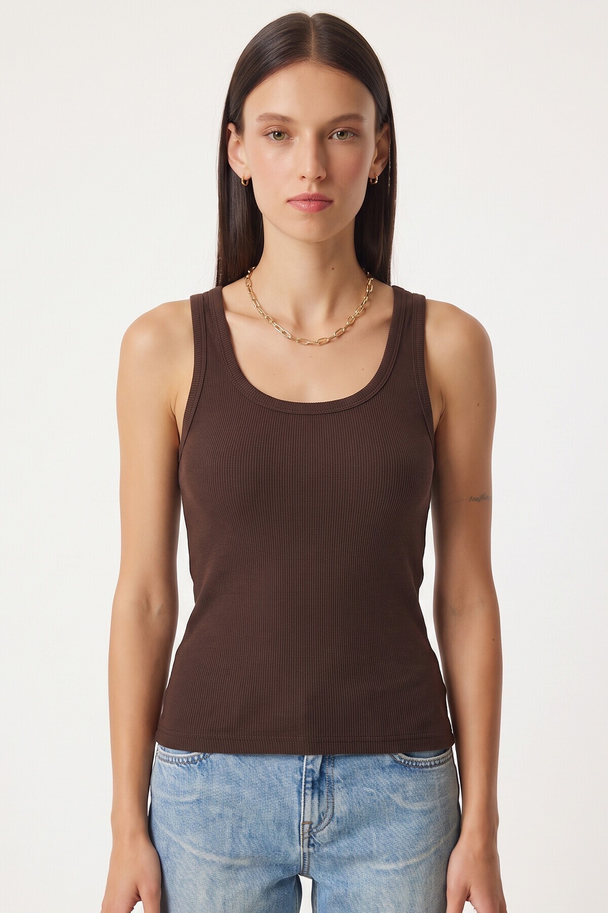 3lü Fitilli Kalın Askılı Örme Atlet KAHVERENGİ KİREMİT KREM LRN0060