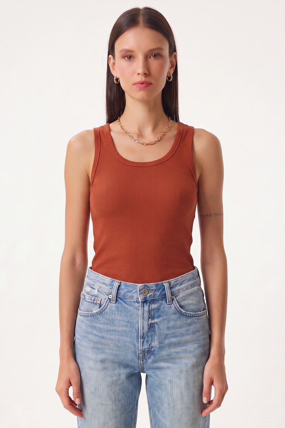 3lü Fitilli Kalın Askılı Örme Atlet KAHVERENGİ KİREMİT KREM LRN0060