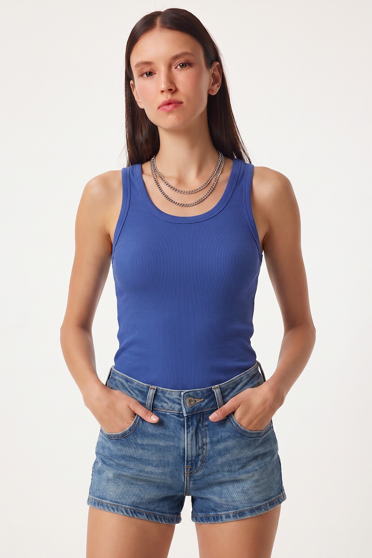 3lü Fitilli Kalın Askılı Örme Atlet KOYU MAVİ KOYU PEMBE GRİ LRN0060