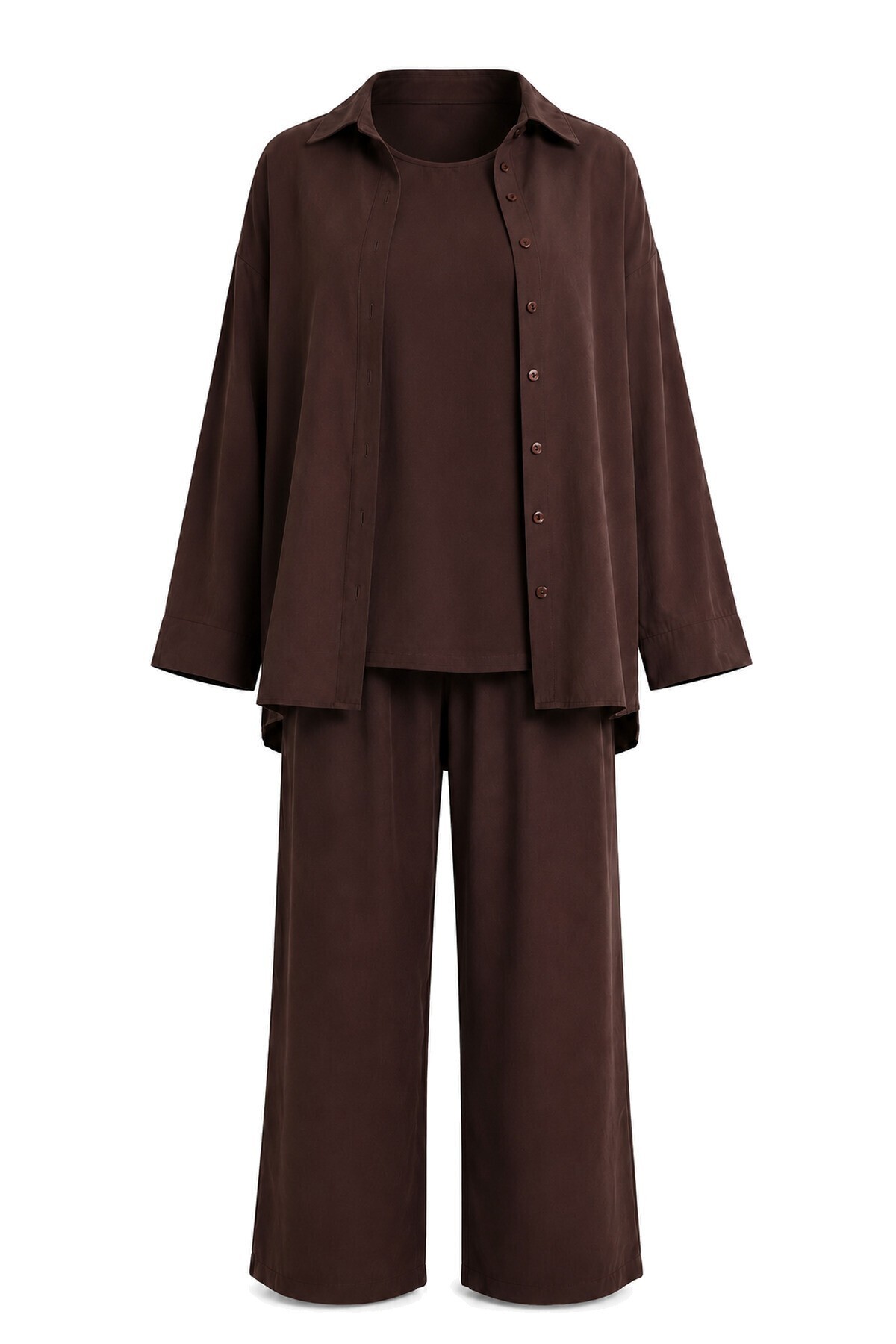 3’lü Gömlek Bluz Pantolon Gabardin Takım KAHVERENGİ LBY0071