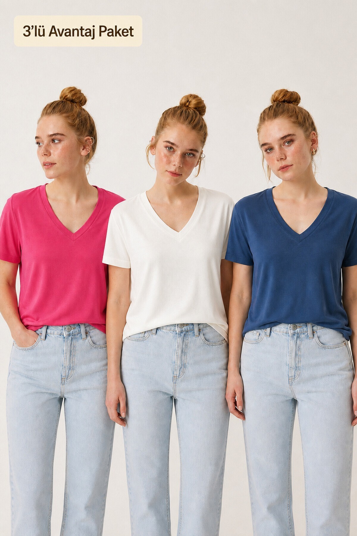 3’lü Paket V Yaka Basic Viskon T-shirt KOYU MAVİ KOYU PEMBE EKRU LRN0069