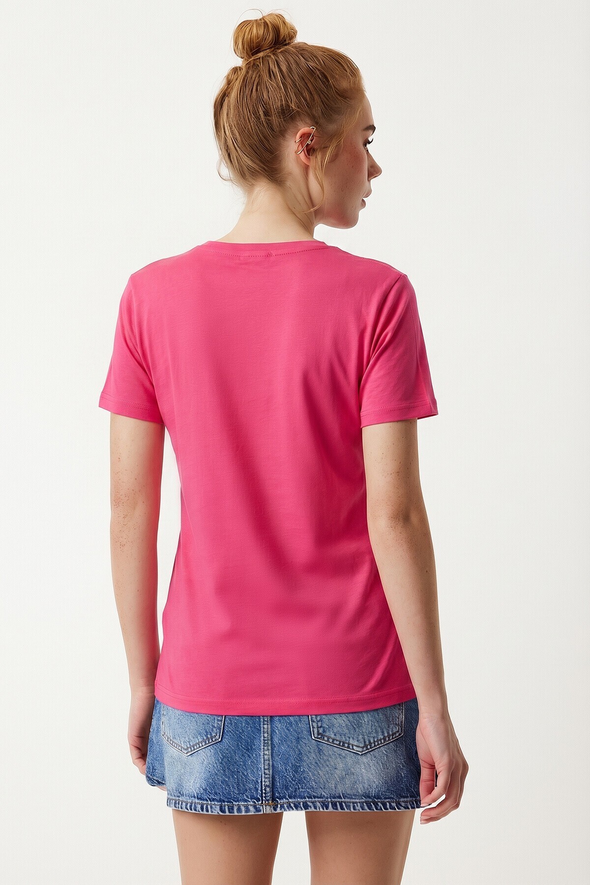3’lü Paket V Yaka Basic Viskon T-shirt KOYU MAVİ KOYU PEMBE EKRU LRN0069