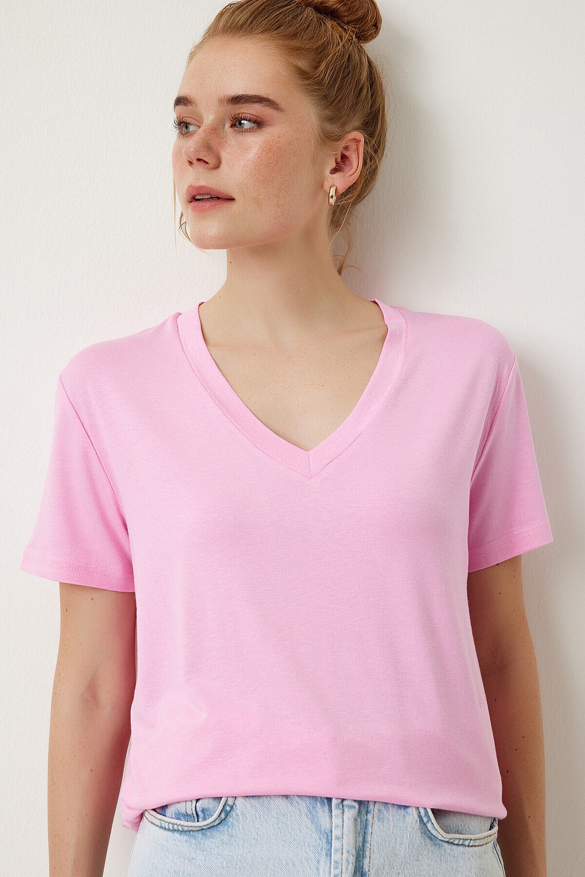3’lü Paket V Yaka Basic Viskon T-shirt SİYAH PEMBE KAHVERENGİ LRN0069