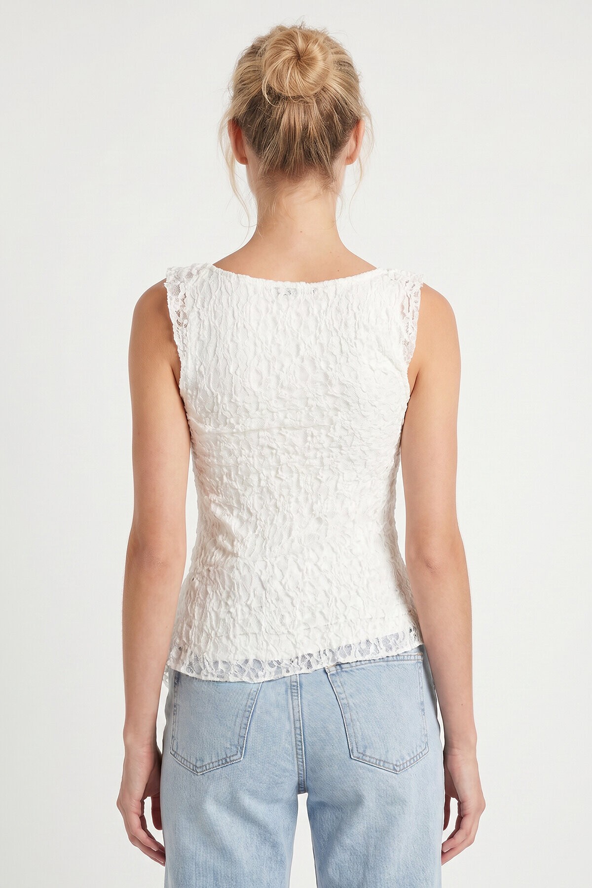 Asimetrik Dantelli Transparan Bluz BEYAZ LFW0029