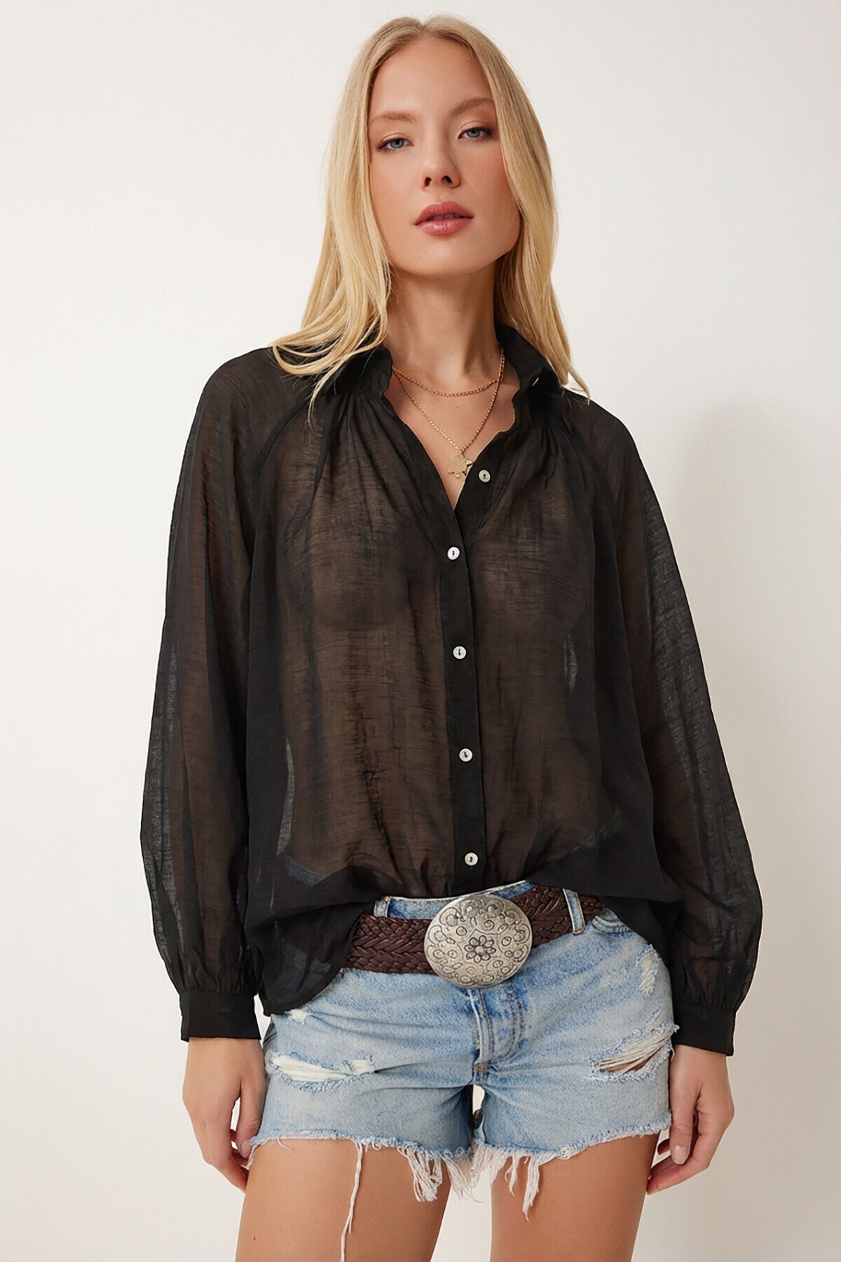 Balon Kollu Transparan Oversize Gömlek SİYAH LYY0141