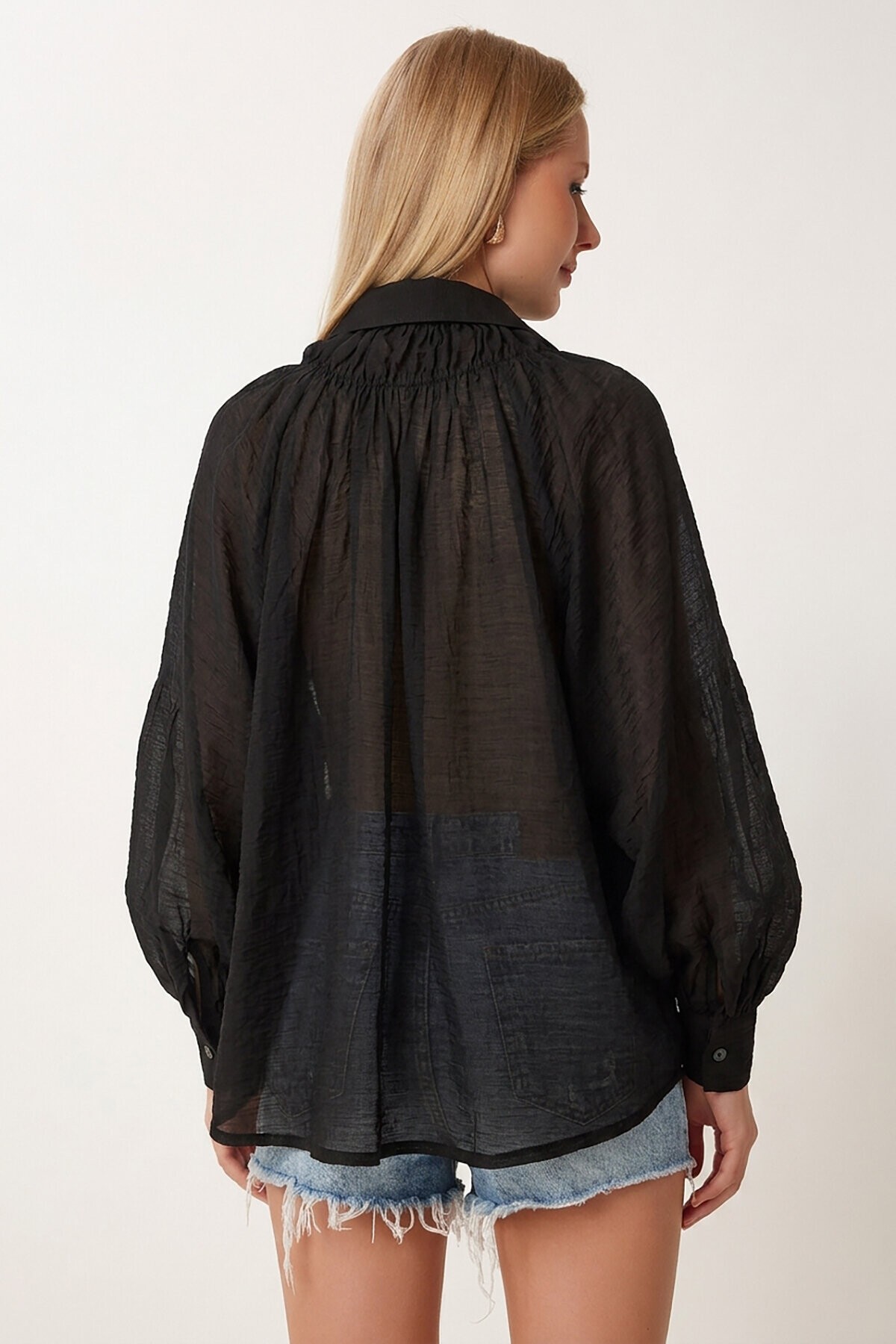 Balon Kollu Transparan Oversize Gömlek SİYAH LYY0141