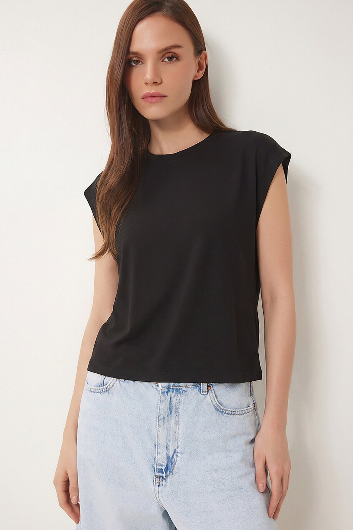 Basic Dökümlü Viskon T-shirt SİYAH LRN0054