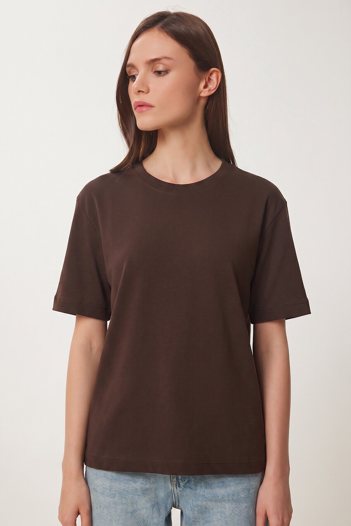 Basic Pamuklu Örme T-shirt KAHVERENGİ LUS0094
