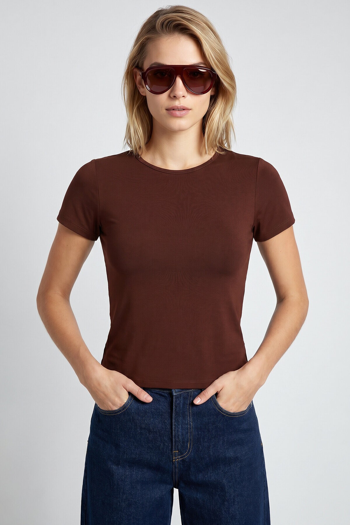 Basic Sandy Örme T-shirt KAHVERENGİ LZV0075