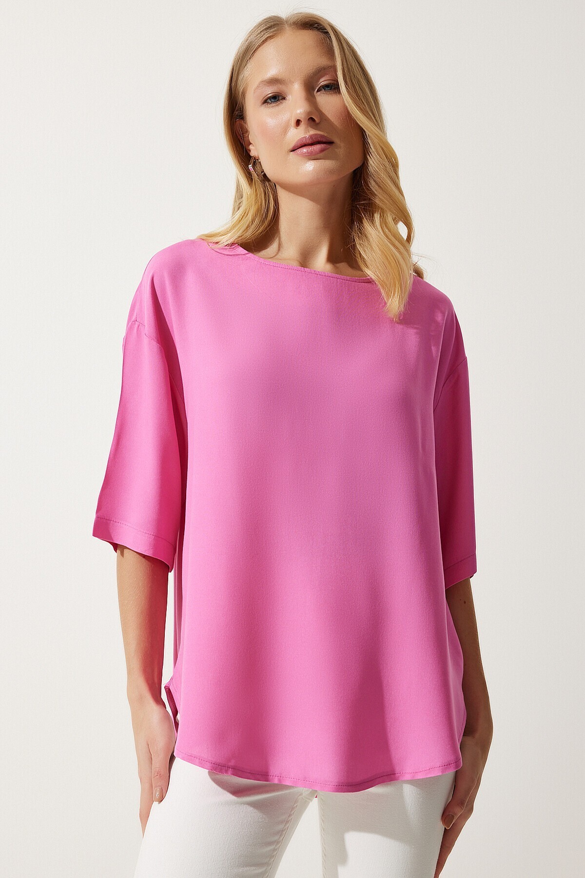 Bisiklet Yaka Dökümlü Viskon Bluz PEMBE LRC0006