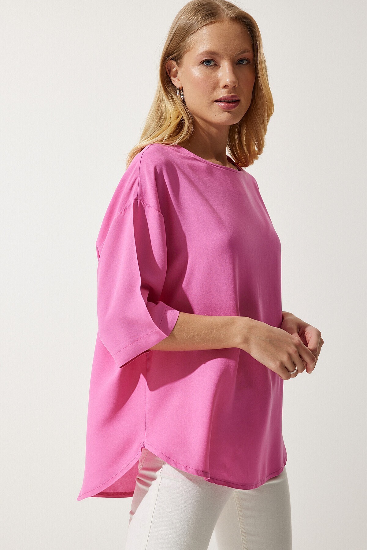 Bisiklet Yaka Dökümlü Viskon Bluz PEMBE LRC0006