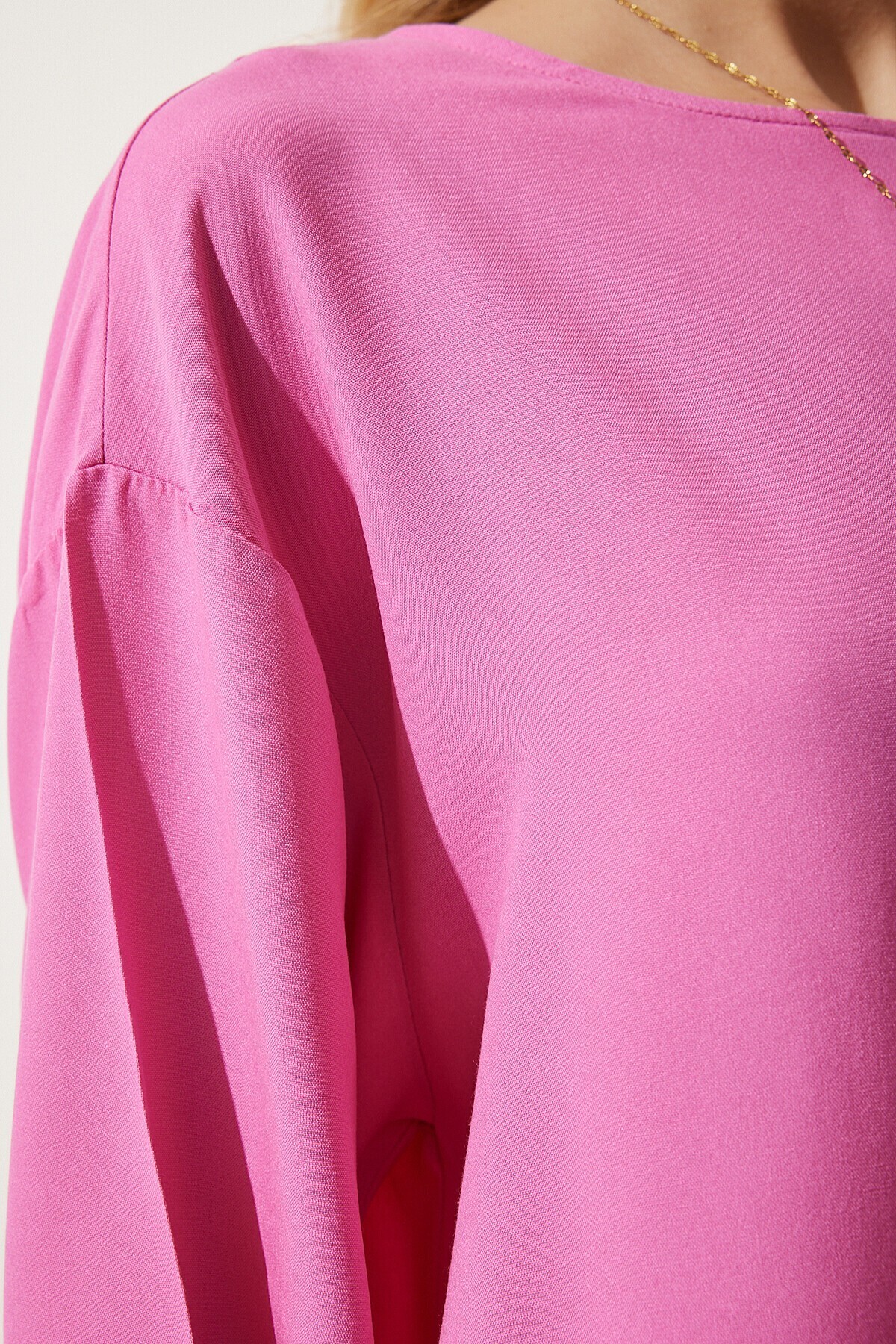 Bisiklet Yaka Dökümlü Viskon Bluz PEMBE LRC0006