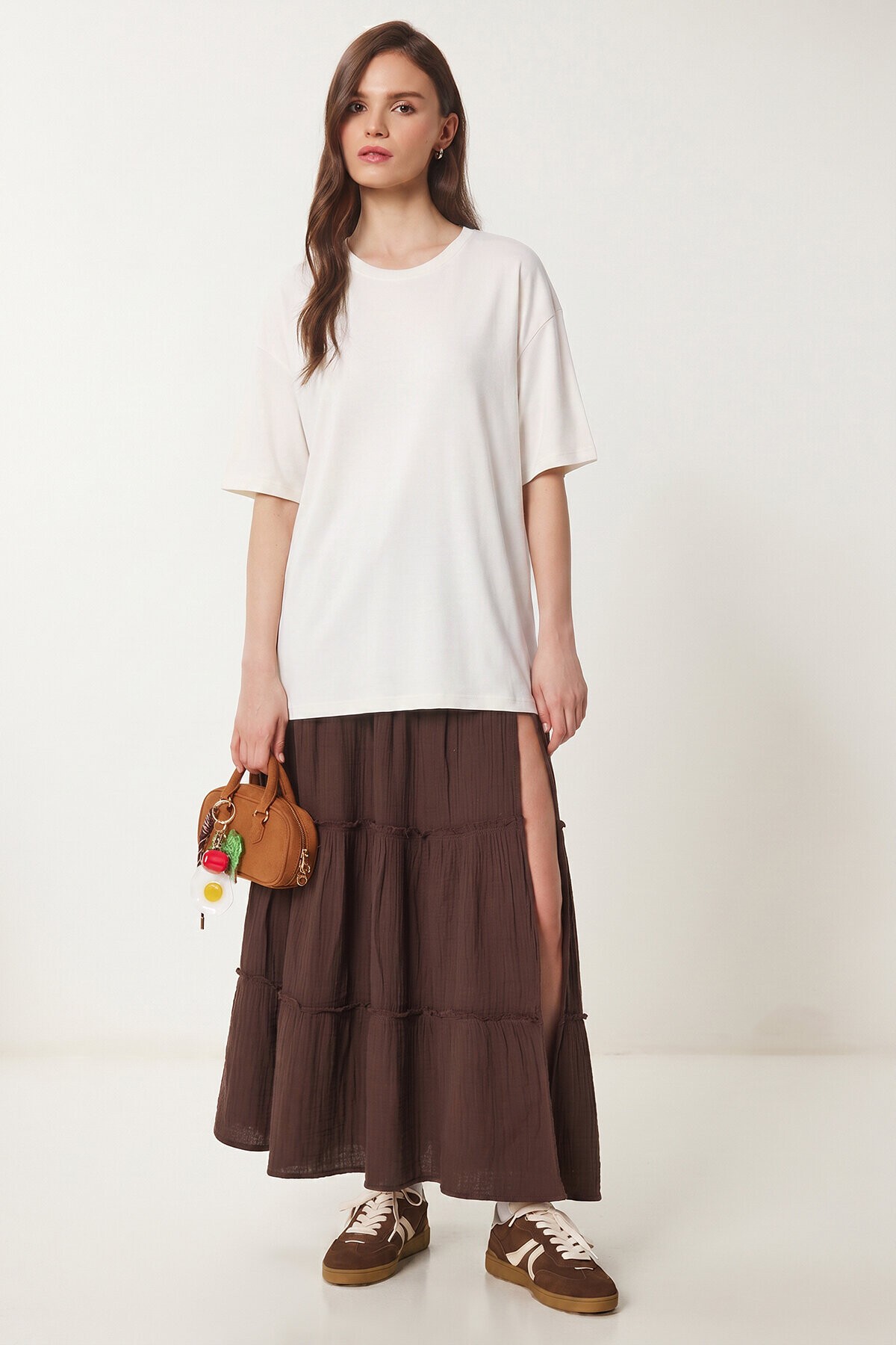 Bisiklet Yaka Oversize Uzun T-shirt EKRU LRN0052