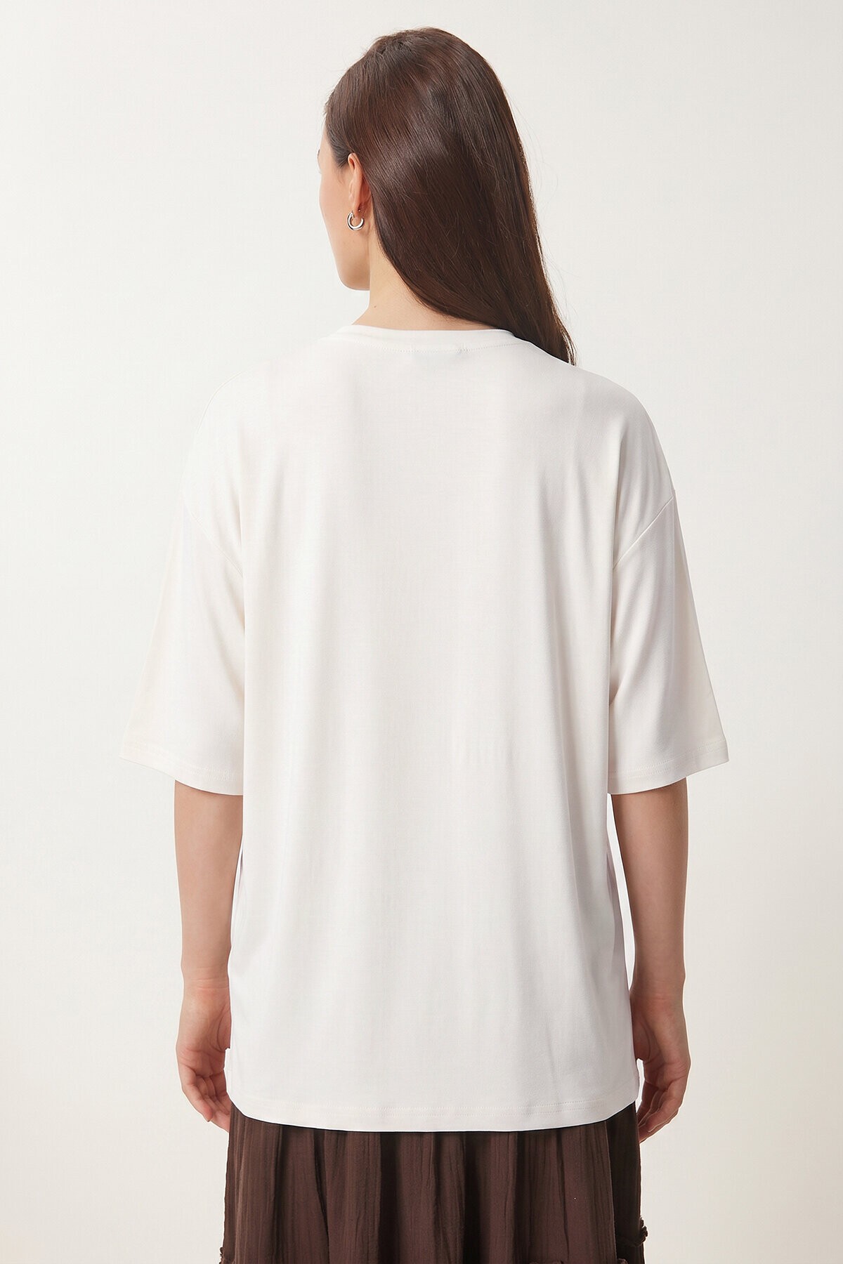 Bisiklet Yaka Oversize Uzun T-shirt EKRU LRN0052