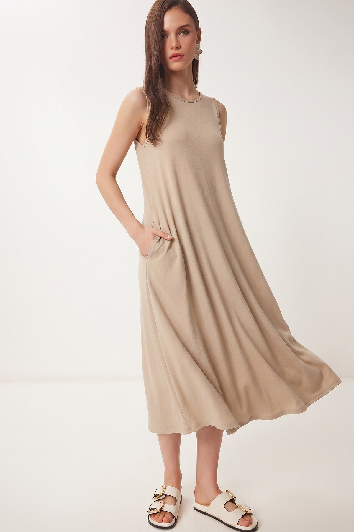 Cepli Yazlık Örme Elbise BEJ LRN0032