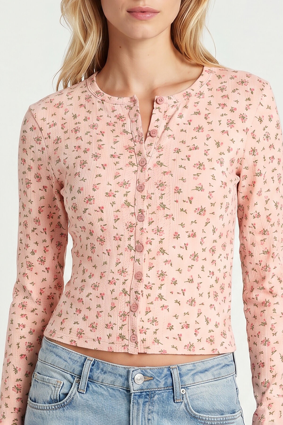 Çiçek Desenli Düğmeli Mevsimlik Bluz PEMBE LUB0358