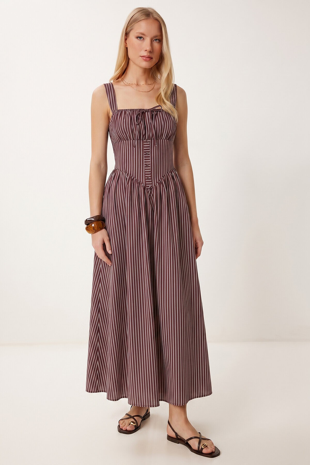 Çizgili Korse Görünümlü Poplin Midi Elbise BORDO LUB0374