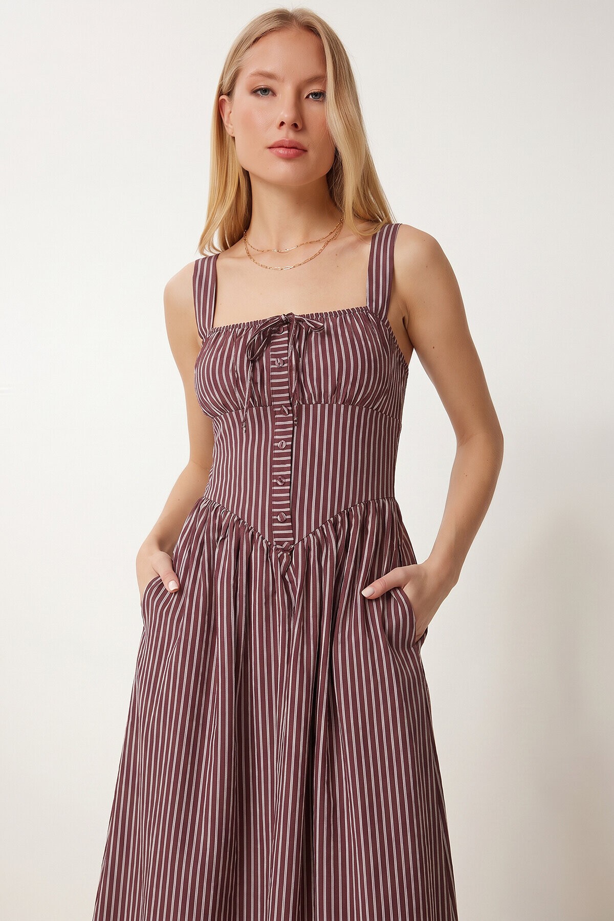 Çizgili Korse Görünümlü Poplin Midi Elbise BORDO LUB0374