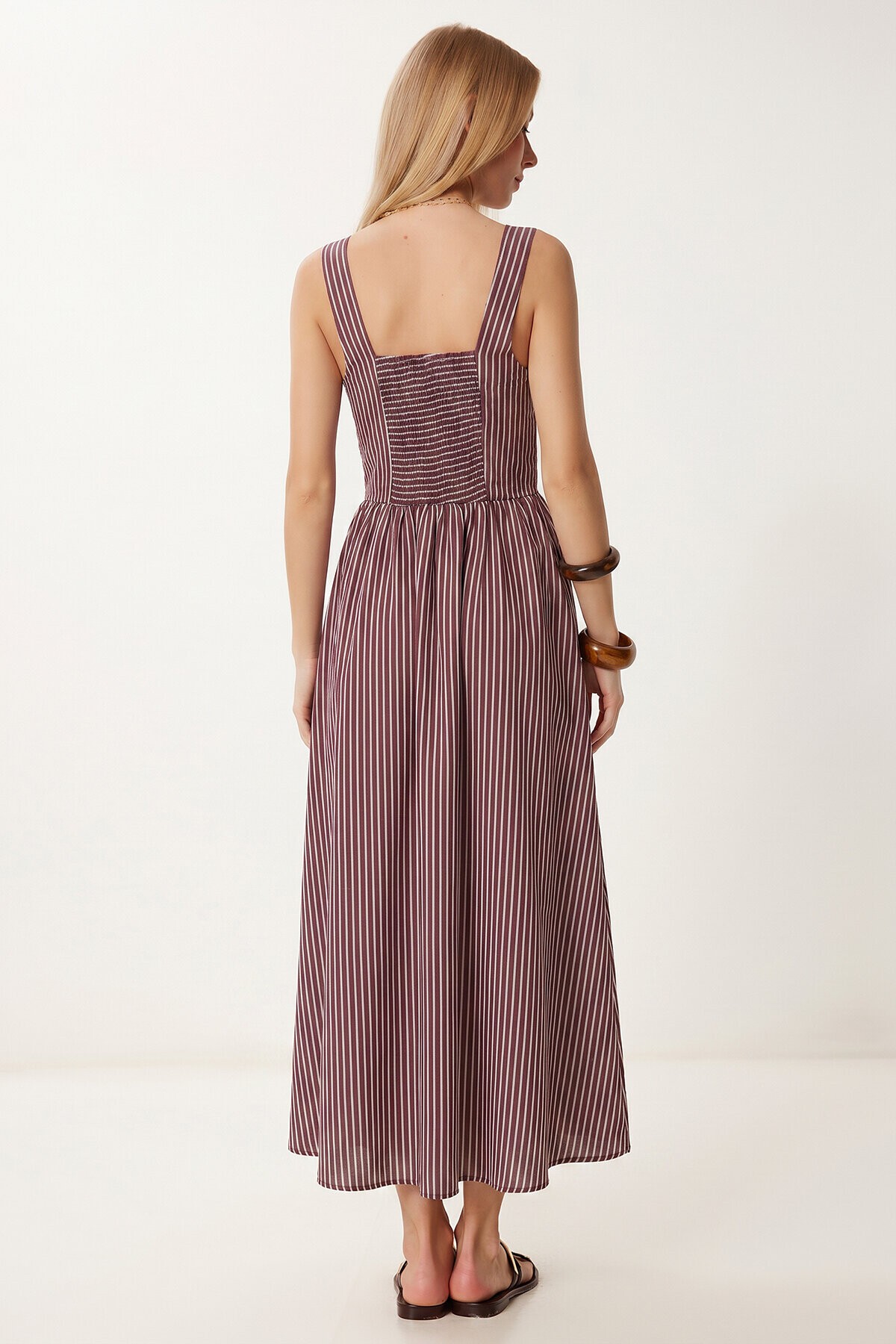 Çizgili Korse Görünümlü Poplin Midi Elbise BORDO LUB0374