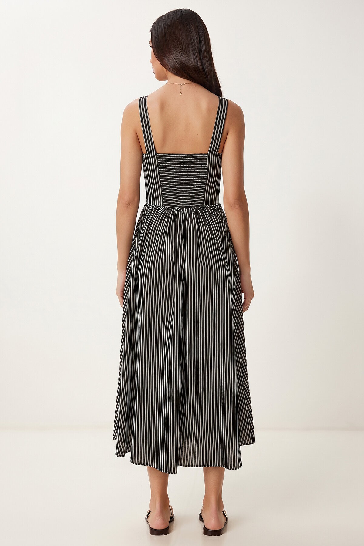 Çizgili Korse Görünümlü Poplin Midi Elbise SİYAH LUB0374