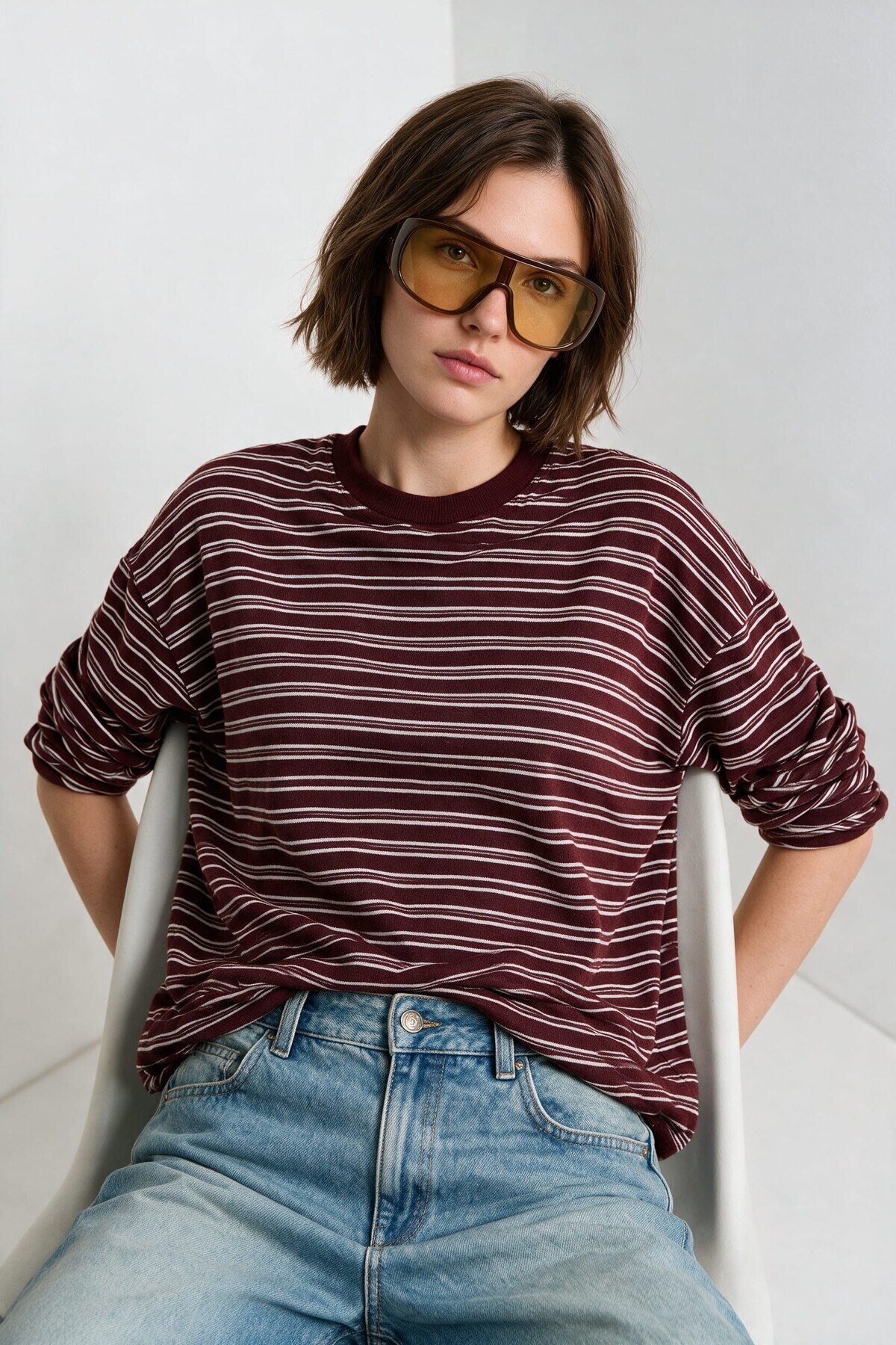 Çizgili Oversize Örme Sweatshirt BORDO BEYAZ LUB0395