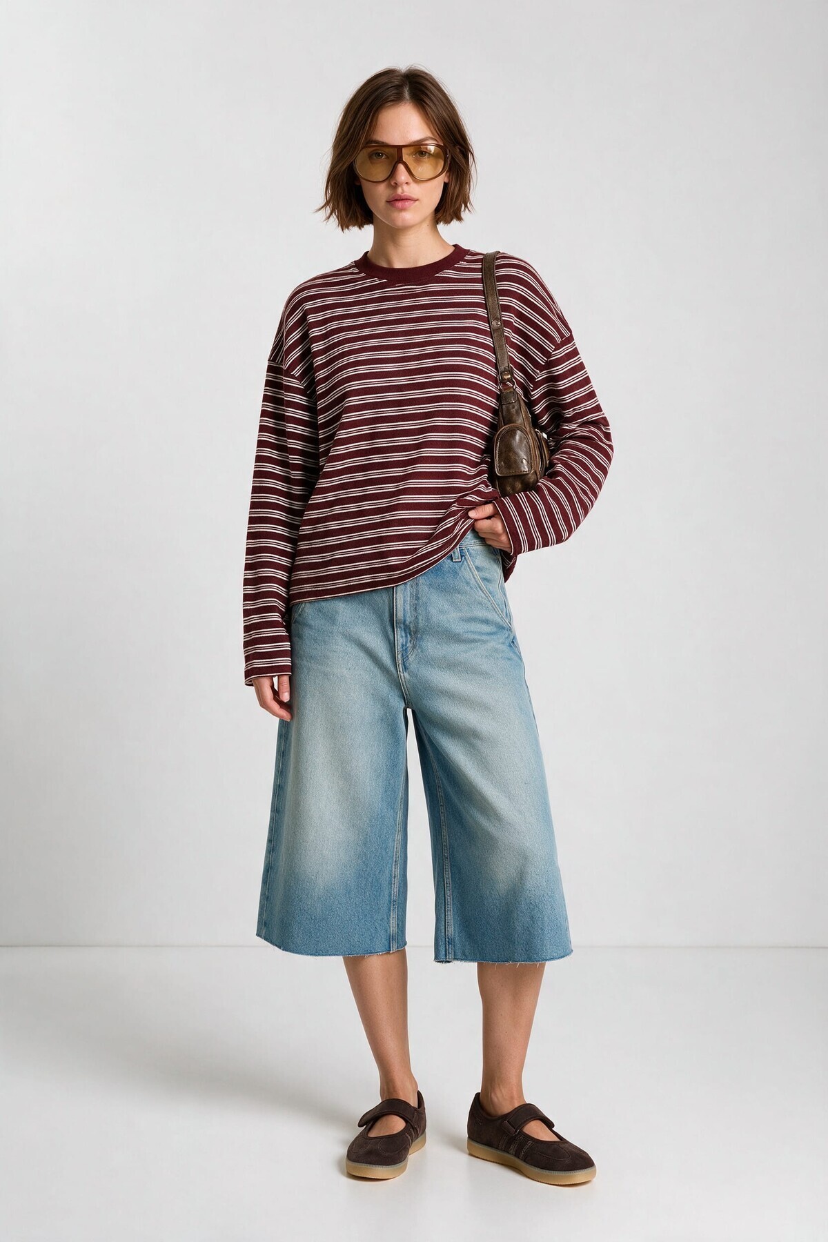 Çizgili Oversize Örme Sweatshirt BORDO BEYAZ LUB0395