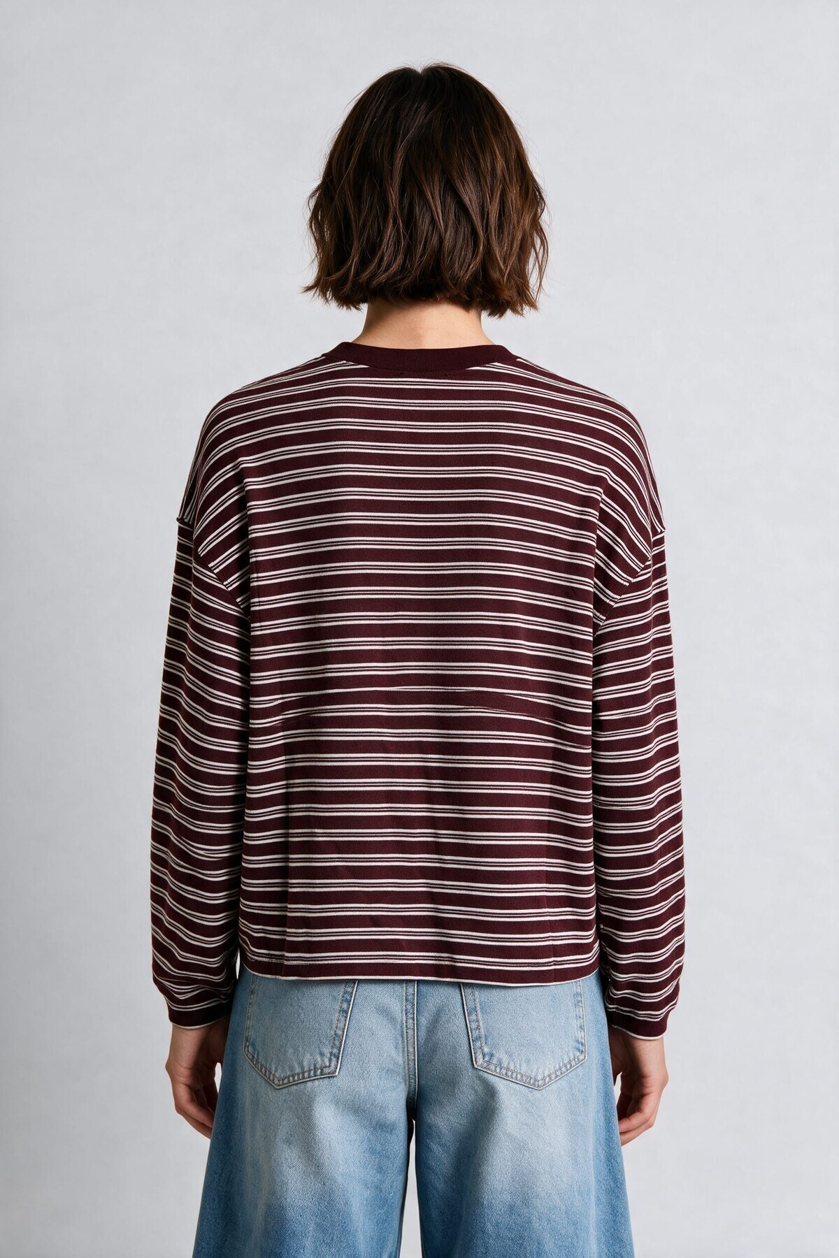 Çizgili Oversize Örme Sweatshirt BORDO BEYAZ LUB0395