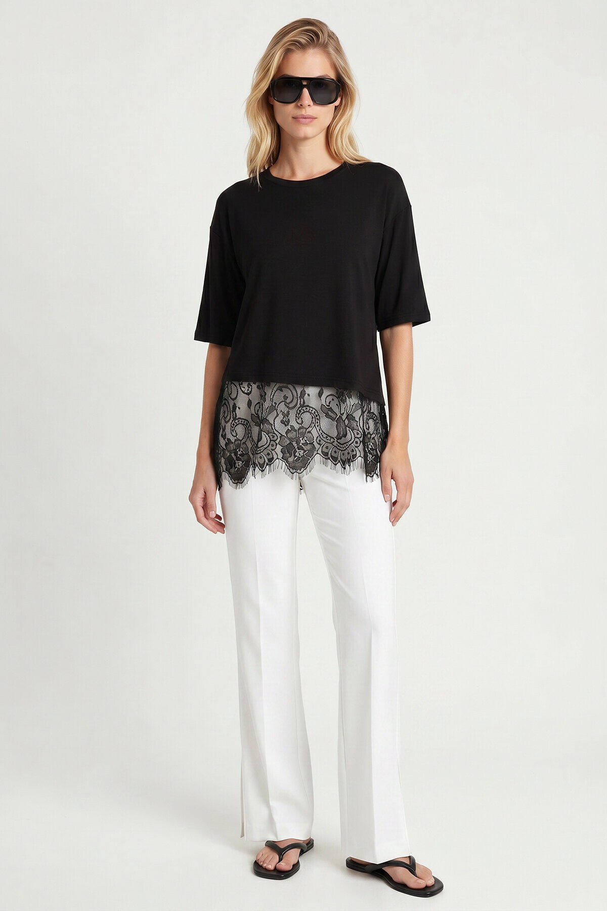 Dantel Detaylı Oversize Örme T-shirt SİYAH LRN0056